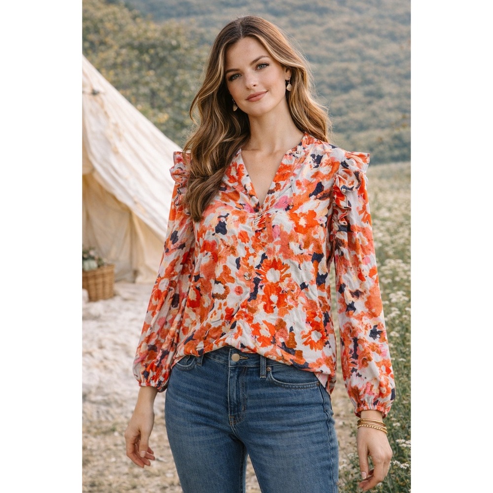 NIC+ZOE Floral Ruffle Blouse‎ Womens S Red Multi V Neck Workwear Romantic NWT